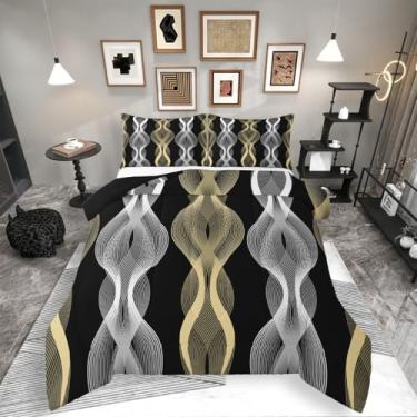 Imagem de Jogo de cama King listrado de onda, linha geométrica 3D, prata e ouro, para adolescentes, adultos, decoração de quarto, arte abstrata, listrada, edredom