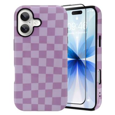 Imagem de SAKUULO Magnético para iPhone 2025 estampa de xeque-mate roxo creme [compatível com MagSafe] capa de proteção reforçada com carregamento sem fio, creme roxo xeque-mate (6,1 polegadas)