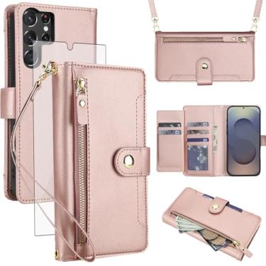 Imagem de Asuwish Capa de celular para Samsung Galaxy S25 Ultra 5G com zíper carteira, com protetor de tela de vidro temperado e alça transversal, porta-cartões S25Ultra 25S S 25 25Ultra 6,9 2025 feminino ouro