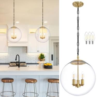 Imagem de KoKo&Yukina Luz pendente globo dourado de 34,8 cm, luz pendente de meados do século, luzes pendentes de vidro transparente, ilha da cozinha, luminária ajustável para sala de jantar, quarto, cozinha