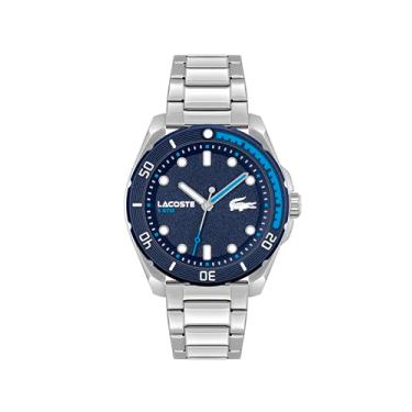 Imagem de Lacoste Relógio masculino Finn 3H quartzo resistente à água com pulseira de elos, modelo: 2011286, Prata, Assista