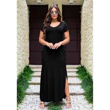 Imagem de Vestido Longo Maxi Com Manga E Bolso Barra Oval - luh may, Preto, M