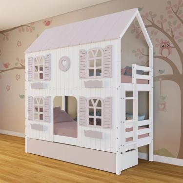 Imagem de Beliche Casinha Bela com Coração 2 Gavetas Rosa 4 Janelas Venezianas - Madeira Maciça Branco/Rosa | Megamobilia