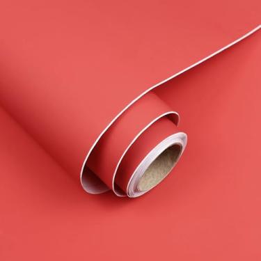 Imagem de Papel de parede vermelho descascar e colar 39,9 cm x 998,2 cm papel de contato de cor sólida moderno papel de parede de vinil autoadesivo removível para quarto, prateleira, bancadas, armários