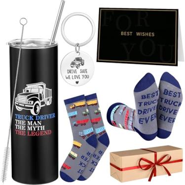 Imagem de Vesici Conjunto de 4 peças de presentes de caminhoneiro para homens, presentes de agradecimento de caminhão, incluem meias isoladas de 590 ml, chaveiro, cartão, Natal, Dia dos Pais, Férias