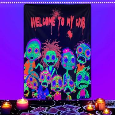 Imagem de Tapeçaria de terror, tapeçaria de luz negra para quarto, multidão de zumbis ao redor de tapeçarias, pôster UV reativo que brilha no escuro, tapeçarias de mortos-vivos, fantasmas, decoração de