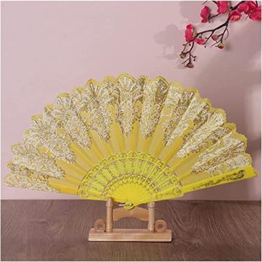 Imagem de Ventilador de mão dobrável de mão, ventiladores de noiva, 1 peça leque de renda espanhola dobrável peônia floral renda dança fã presente casamento casa ventilador dobrável decorativo (amarelo)