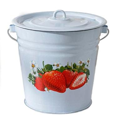 Imagem de Balde de gelo esmaltado em aço inoxidável com tampa "Morango" 12,7 Qt/12 L, balde de água de gelo grande esmaltado vintage azul com tampa, balde de gelo externo esmaltado antigo com alça