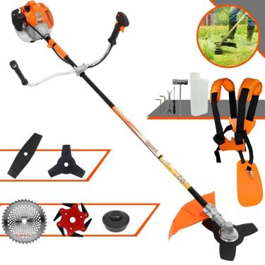 Imagem de Roçadeira Completa Vulcan VR520H À Gasolina 52cc Cortador de Grama Para Todos os Tipos de Trabalho Com Carretel de Nylon + Kit de 4 Lâminas de Cortes