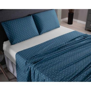 Imagem de Lençol Casal 4 Peças Estampa Micropercal 400 Fios Poá Azul