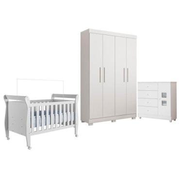 Imagem de Quarto de Bebê com Berço Mini Cama, Cômoda 1 Porta 4 Gavetas e Roupeiro 4 Portas 3 Gavetas 100% Mdf Branco