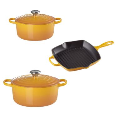 Imagem de KIT LE CREUSET 2 PANELAS REDONDAS 20 E 24CM GRELHA QUADRADA 26CM EM FERRO ESMALTADO AMARELO NÉCTAR