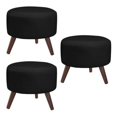 Imagem de Kit 3 Puffs Decorativos Redondo Pés Palito Couro Preto - Gran Belo