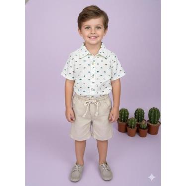 Imagem de Conjunto Infantil Menino Shorts de Linho e Camisa Off Branca - Fabulos