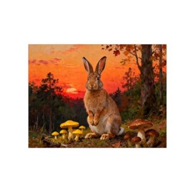 Imagem de Quadro arte parede outono-Coelho sol árvore Impressões em tela paisagens-Pintura animais para sala estar decoração fazenda 60x80cm Sem Moldura