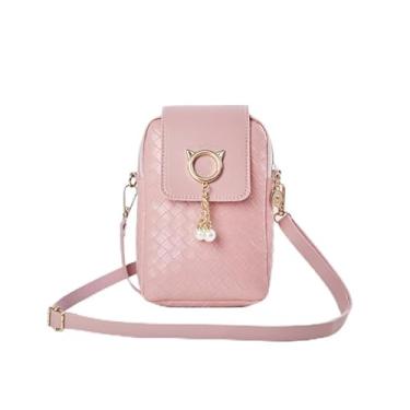 Imagem de Bolsa de telefone transversal de palha de tecido para mulheres com aba de borla de pérola, bolsa de ombro pequena de verão bolsa de viagem, P2