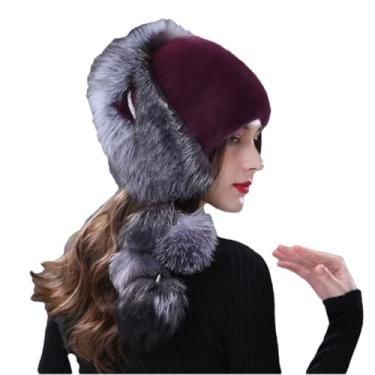Imagem de Chapéu feminino de pele térmica engrossada de inverno chapéu de pele ao ar livre chapéu de prevenção de frio cauda de cabelo chapéu de pele decorativo roxo G