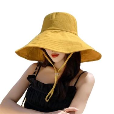 Imagem de Chapéu de sol feminino dobrável primavera e verão chapéu de sol de viagem cor sólida casual chapéu de pescador amarelo ajustável 54-59 cm