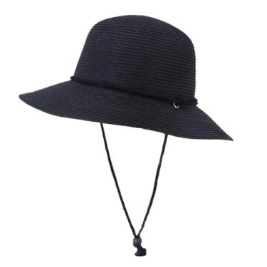 Imagem de Chapéu feminino de verão Panamá chapéu de praia Fedora chapéu balde proteção UV palha bacia boné preto ajustável 55-58 cm