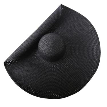 Imagem de Chapéu de sol feminino de verão flexível dobrável com aba larga para viagem grande proteção UV chapéus de palha de praia preto (oco) 54-57 cm
