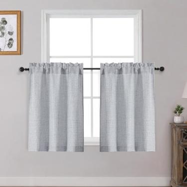 Imagem de OWENIE Cortinas de cozinha cinza sobre a pia 76 cm de comprimento, conjunto de 2 painéis, cortinas de café curtas texturizadas com filtragem de luz para janelas de banheiro, pequena cortina para