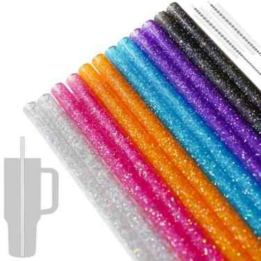 Imagem de NiHome Canudos de 1,134 g, pacote com 12 canudos de reposição de plástico com glitter para copo Stanley de 1,134 g, canudos reutilizáveis de 0,82 cm de diâmetro, 30,5 cm de comprimento com 2 pincéis –