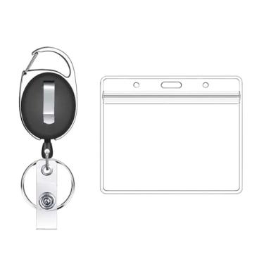 Imagem de Carretel retrátil para crachá de identidade: preto, mangas de cartão transparentes verticais com clipe de cinto, chaveiro, cordão de tração de 61 cm para enfermeira professora segurança trabalho navio