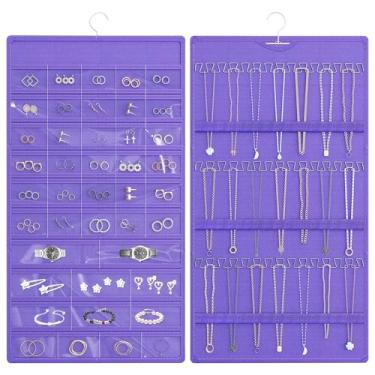 Imagem de Bosuelife Rolo organizador de joias para pendurar, suporte de colares de dupla face, 42 bolsos mais 36 ganchos organizador de brincos pendurado no armário, na parede ou portas, roxo
