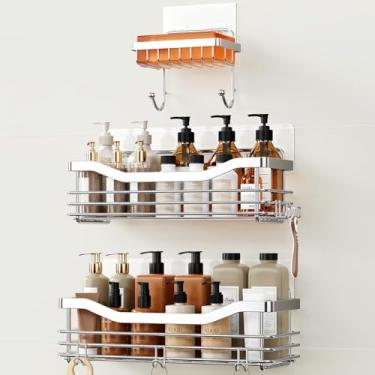 Imagem de Orimade Prateleira de cesta de chuveiro, pacote com 3 organizadores de chuveiro adesivos com suporte de saboneteira, sem perfuração, montadas na parede, prateleiras de chuveiro de aço inoxidável à prova de ferrugem com 7 ganchos, para banheiro