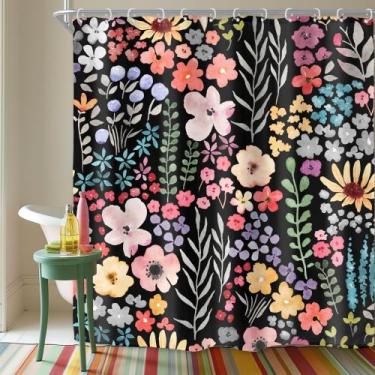 Imagem de Cortina de chuveiro Riyidecor Black Floral Flowers 180x180cm