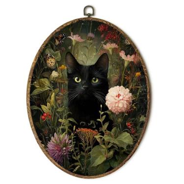 Imagem de laveliabel Decoração de parede em tela oval de gato preto floral, impressão em tela emoldurada de gato escuro da Academia, decoração de parede oval rústica cottagecore para decoração de parede para