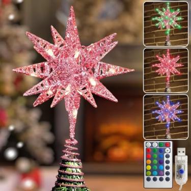 Imagem de Topo de árvore de Natal rosa estrela com 50 luzes de LED branco quente, topo de árvore de estrela para decoração da Morávia Tradição de árvore de Natal, 28 x 19 cm com linha longa de 5 m, Estrella