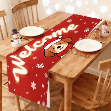 Imagem de Caminho de mesa de Natal 33 x 91 cm - Decoração de mesa de jantar de cozinha de inverno impresso cão de boas-vindas em chapéu de Papai Noel e cachecol em fundo vermelho com flocos de neve corredor