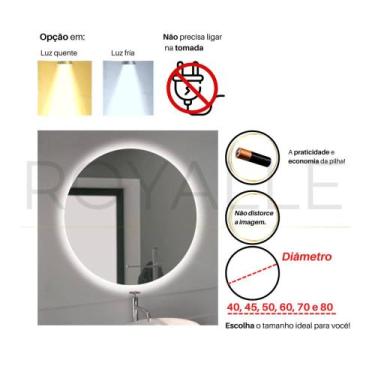 Imagem de Espelho redondo com Led sem fio 80x80 lapidado - Cebrace, LED BRANCO F
