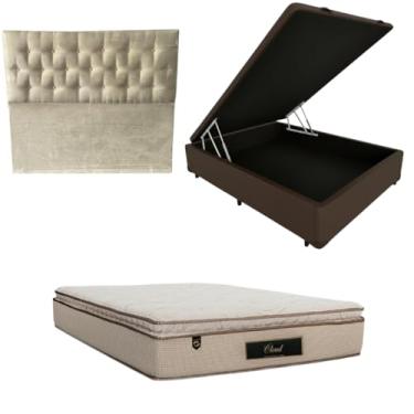 Imagem de Cama Box Baú Blindada com Colchão Cloud Molas Ensacadas C/Pillowtop 32cm + Cabeceira Botonê (CORINO MARROM, Casal)