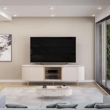 Imagem de Bancada Decorativa TV 65' Deep 2 Portas Prateleira Vidro OffWhite G18 - Gran Belo