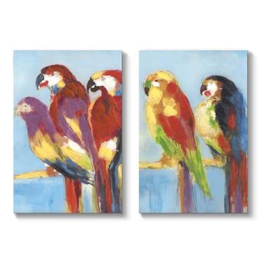 Imagem de TAR TAR STUDIO Conjunto de arte de parede em tela grande abstrata colorida de papagaios no poleiro - Decoração deslumbrante para quarto, sala de estar, escritório 40,6 x 61 cm 2 painéis