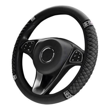 Imagem de MUQIDA Capa de volante de couro macio brilhante, 35 a 38 cm, strass brilhante, antiderrapante, protetor de volante, elástico, interior para mulheres e meninas (preto)