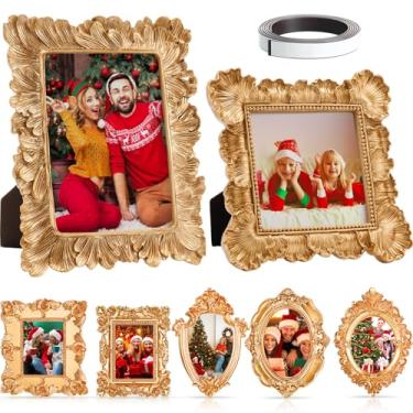 Imagem de Teenyyou Conjunto de 7 molduras vintage de resina, mini molduras douradas antigas retangulares ovais barrocas, ornamentadas para exibição de casamento em casa, 12,7 x 18 cm (estilo delicado)