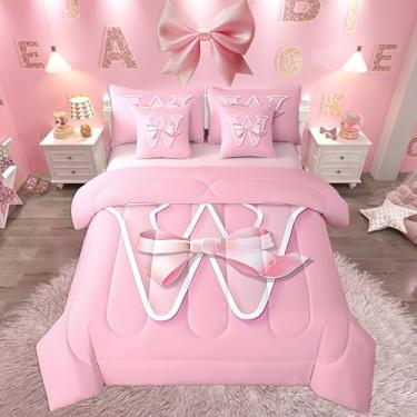 Imagem de jejeloiu Conjunto de cama com laço rosa, tamanho solteiro, presentes personalizados para meninas adolescentes, letra W, conjunto de 7 peças, cama ultra macia com monograma em uma bolsa com edredom,