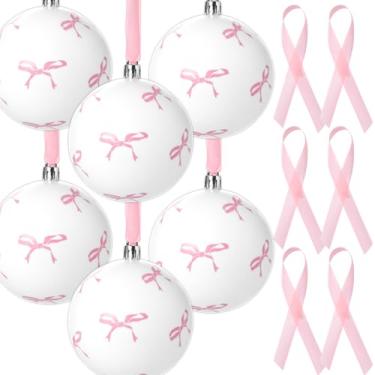 Imagem de Conjunto de 24 bolas de Natal com laço rosa, enfeites de árvore de Natal, bolas penduradas com fita, 8 cm, decoração de árvore de Natal, rosa, branca, bola de plástico para festa de inverno, férias