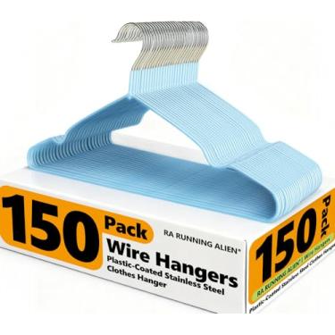 Imagem de Pacote com 150 cabides de arame, cabide de aço inoxidável revestido de plástico, antiderrapante, economiza espaço, cabide de aço inoxidável com 0,30 cm de espessura, 40 cm de comprimento, cabides de