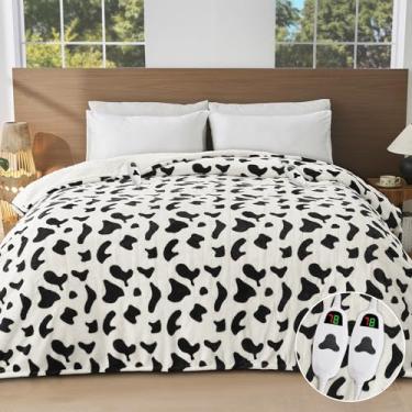 Imagem de RUJIPO Cobertor Elétrico Aquecido com Estampa de Vaca Tamanho Queen, Cobertor Aquecimento Preto 84X290 Queen com Controle Duplo e Temporizador e 10 Níveis de Calor, Linda Decoração de Vaca Cobertores