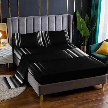 Imagem de Nttopship Jogo de cama de solteiro, branco e preto, 4 peças, abstrato, ombré, com bolsos profundos, decoração de quarto ombré, abstrato, 4 peças (1 lençol + 1 lençol + 2 fronhas)