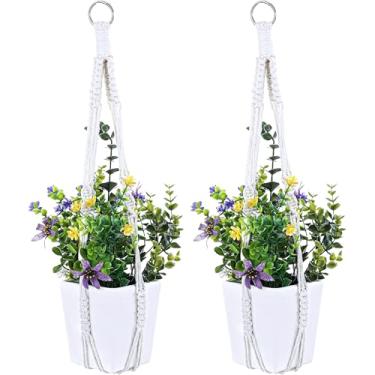 Imagem de Yuanan Pacote com 2 cabides de macramê branco, corda de mistura de algodão tecida à mão de 52 cm, uso interno e externo, estilo boêmio