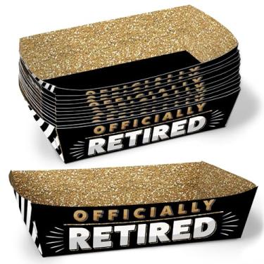 Imagem de Big Dot of Happiness Bandejas de comida de papel oficialmente aposentadas, barcos de comida descartáveis, aposentadoria preta e dourada, piquenique, churrasco, porta-refeições de papel dupla face para