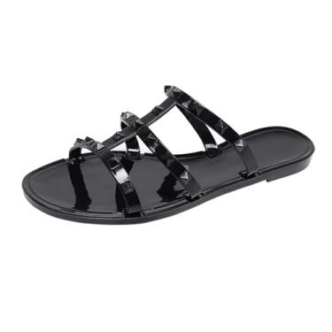 Imagem de OMGard Sandálias rasteiras femininas, sapatos cravejados de gelatina tamanho 9 vermelho elegante verão praia rebites tiras geleias deslizantes nos dedos abertos, Plástico preto cravejado, 39