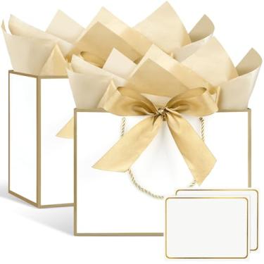 Imagem de 2 sacos de presente brancos com acabamento dourado, sacos de presente de 28 x 10 cm com fita de seda de papel de seda e cartões para aniversário, casamento, aniversário e chá de bebê