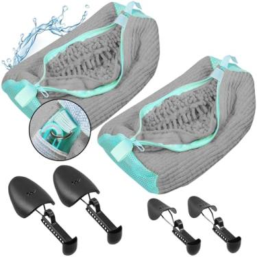 Imagem de 2 sacos para máquina de lavar sapatos com 4 árvores ajustáveis para sapatos, sacos de lavanderia XXL para lavadora e secadora, zíper resistente com design de gancho, bolsa reutilizável de limpeza de