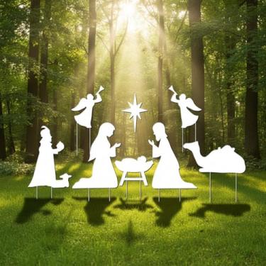 Imagem de Thyle Pacote com 8 grandes conjuntos de presépio sagrado ao ar livre - Sinais de Natal com anjos com estacas Natal presépio religioso placa decoração de quintal para gramado, passarela, jardim